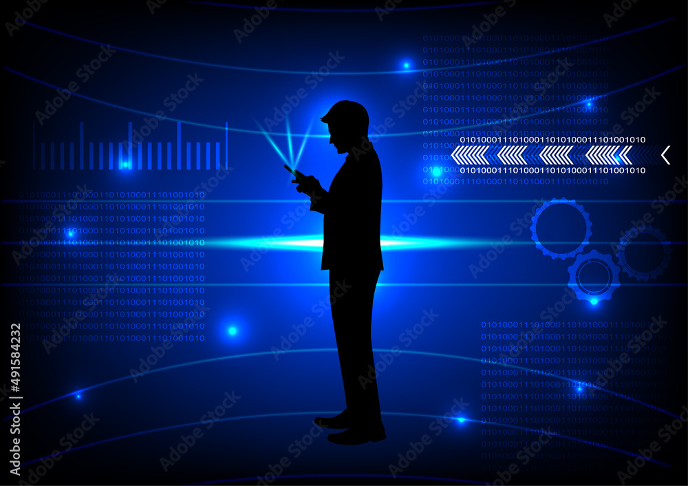 drawing silhouette business man hold smartphone, connection technology concept using smartphone vector illustration drawing silhouette business man hold smartphone, connection technology concept using smartphone vector illustration