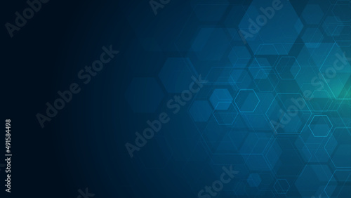 Hexagons pattern on blue background. Genetic research, molecular structure. Chemical engineering. Concept of innovation technology. Used for design healthcare, science and medicine background
