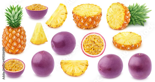Large set of exotic fruits - pineapple and passion fruit isolated on white background. For package design.