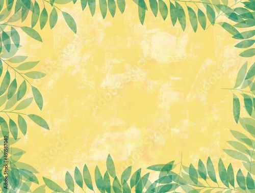 Yellow textured background framed with green leaf branches, illustration