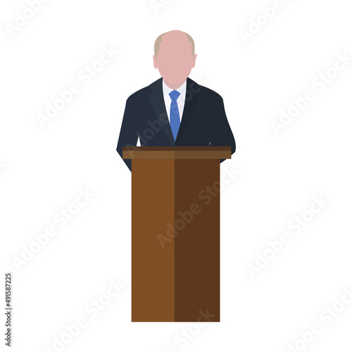 businessman speaks to people from tribune. Flat tribune Icon web. Business debates. Vector illustration