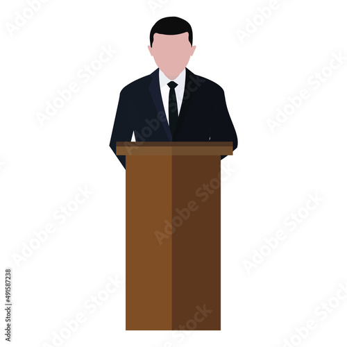 businessman speaks to people from tribune. Flat tribune Icon web. Business debates. Vector illustration