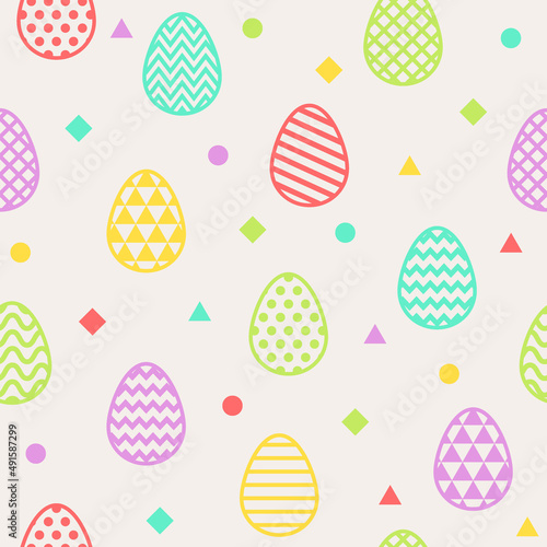 Easter texture with bunnies and colourful eggs. Vector