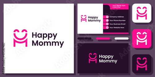Initials Letter HM or H M Happy Smile Happiness Smiley Face Vector Logo Design with Business Card