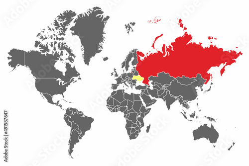 Fototapeta Naklejka Na Ścianę i Meble -  Grey world map with red Russia and yellow Ukraine.