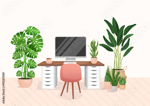 Cozy workplace with houseplants. Modern interior for home office with computer, cabinet, remote work, freelancing, teaching. Vector illustration in flat cartoon style. Comfortable workspace.