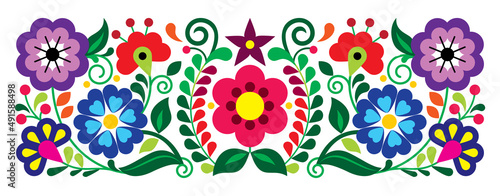 Mexican embroidery style vector floral pattern, colorful ornament inspired by folk art from Mexico, traditional craft vibrant background 