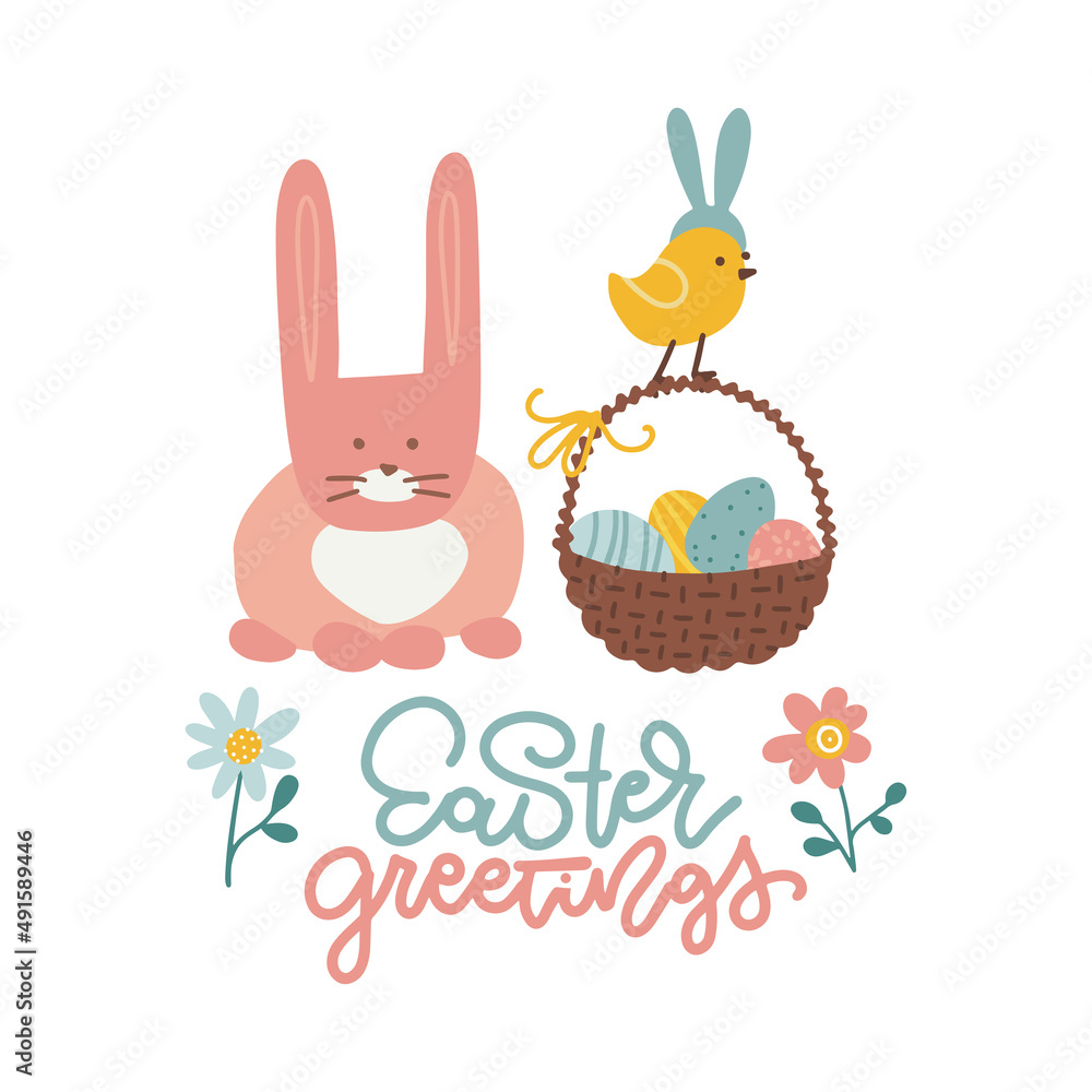 Happy Easter card with pink bunny, flowers, eggs basket and text - Easter greetings. Hand drawn vector flat illustration for postcard, poster, book cover Happy Easter card with pink bunny, flowers, eggs basket and text - Easter greetings. Hand drawn vector flat illustration for postcard, poster, book cover