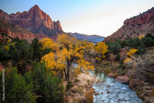 Autumn Sunset on the Watchman and River, Zion National Park, Utah