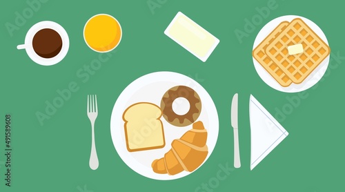 Breakfast Vector Illustration with croissant, donut, bread, waffles, coffee, juice, butter and cutlery.