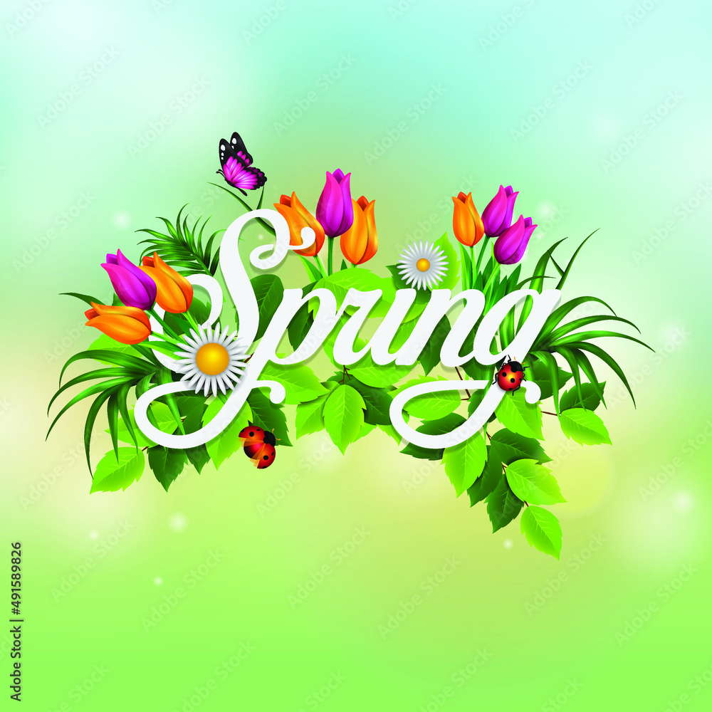 Spring poster with tropical palm leaf and handwriting lettering. Vector illustration 
