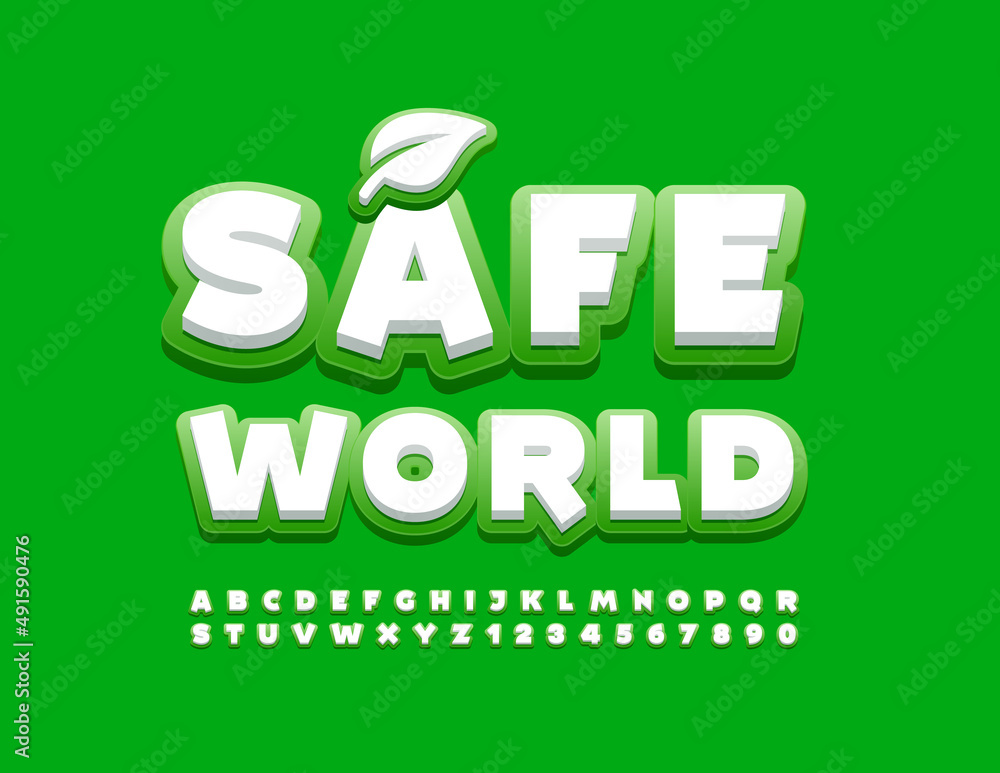 Fototapeta premium Vector ecologic Emblem Safe World. Modern Font. Artistic Alphabet Letters and Numbers