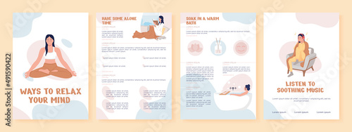 Ways to relax your mind flat vector brochure template. Booklet, leaflet printable flat color designs. Simple magazine page, reports kit with text space. Nerko One, Quicksand, Comfortaa fonts used