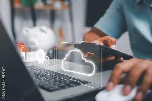 Business men select the technology data of the financial business, finance, uncle and capital by touching the cloud Cloud computing business ideas 