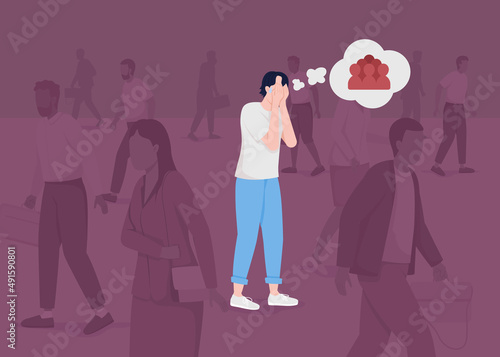 Man has panic attack in crowd flat color vector illustration. Anxiety disorder. Mental health. Man experiences fear and stress 2D simple cartoon characters with strangers on background
