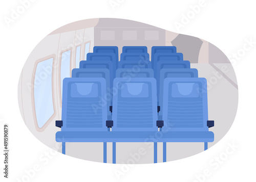 Plane interior 2D vector isolated illustration. Aircraft cabin. Travelling by plane flat object on cartoon background. Passengers seats colourful scene for mobile, website, presentation