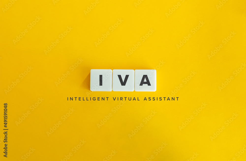 Intelligent Virtual Assistant (IVA) Banner. Letter Tiles on Yellow Background. Minimal Aesthetics. Intelligent Virtual Assistant (IVA) Banner. Letter Tiles on Yellow Background. Minimal Aesthetics.