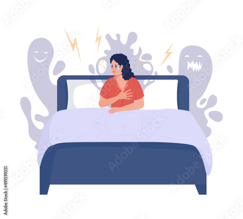 Nocturnal panic episode semi flat color vector character. Lying figure. Full body person on white. Nightmare fear simple cartoon style illustration for web graphic design and animation
