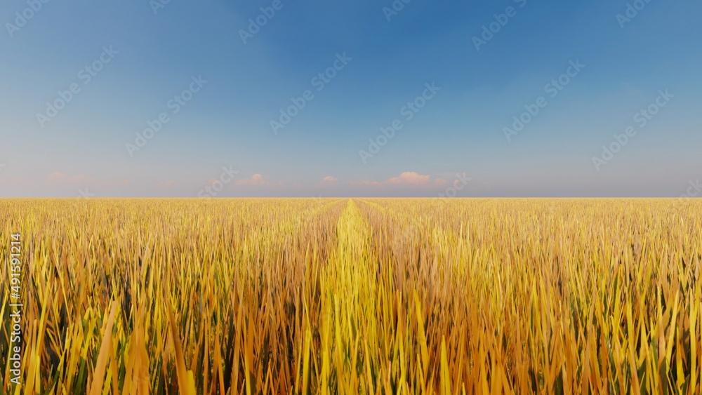 Picturesque landscape clear blue sky and yellow field of grass 3d render Picturesque landscape clear blue sky and yellow field of grass 3d render