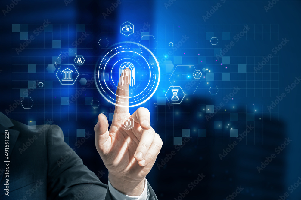 Close up of man hand pointing at abstract glowing id fingerprint web protection and security interface on blurry blue bokeh city background. Identification, cybersecurity and privacy concept. Close up of man hand pointing at abstract glowing id fingerprint web protection and security interface on blurry blue bokeh city background. Identification, cybersecurity and privacy concept.