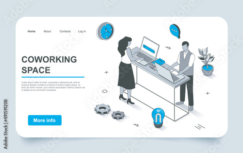 Coworking space concept in 3d isometric landing page outline design. Employees or freelancers working on laptops, brainstorm and business communication, line web template. Vector illustration.