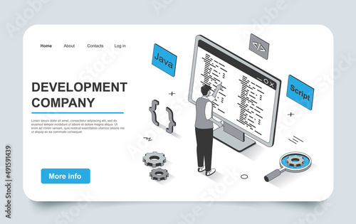 Development concept in 3d isometric landing page outline design. Developer programs and writes code in Java, creates spripts, engineering and optimizes, line web template. Vector illustration.