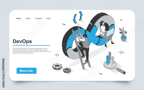 DevOps concept in 3d isometric landing page outline design. Programmers and engineers working together at office, administration of development operations, line web template. Vector illustration.