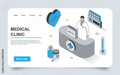 Medicine concept in 3d isometric landing page outline design. Doctor cardiologist provides first aid in clinic, diagnosis of diseases, prescribing drugs, line web template. Vector illustration.
