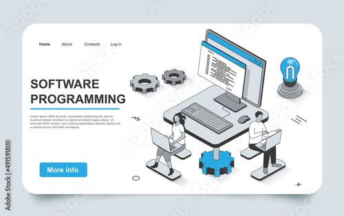 Software programming concept in 3d isometric landing page outline design. Development team programs, tests and optimizes computer programs, works in office, line web template. Vector illustration.