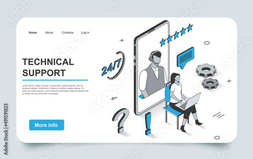 Technical support concept in 3d isometric landing page outline design. Client writes chat to customer service operator, receives advice and solves problems, line web template. Vector illustration.