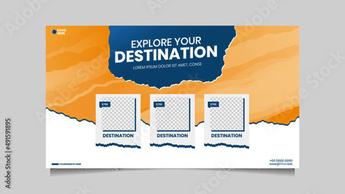 traveling destination social media post or web banner template design. Tourism business marketing or poster with abstract digital background . eps vector .