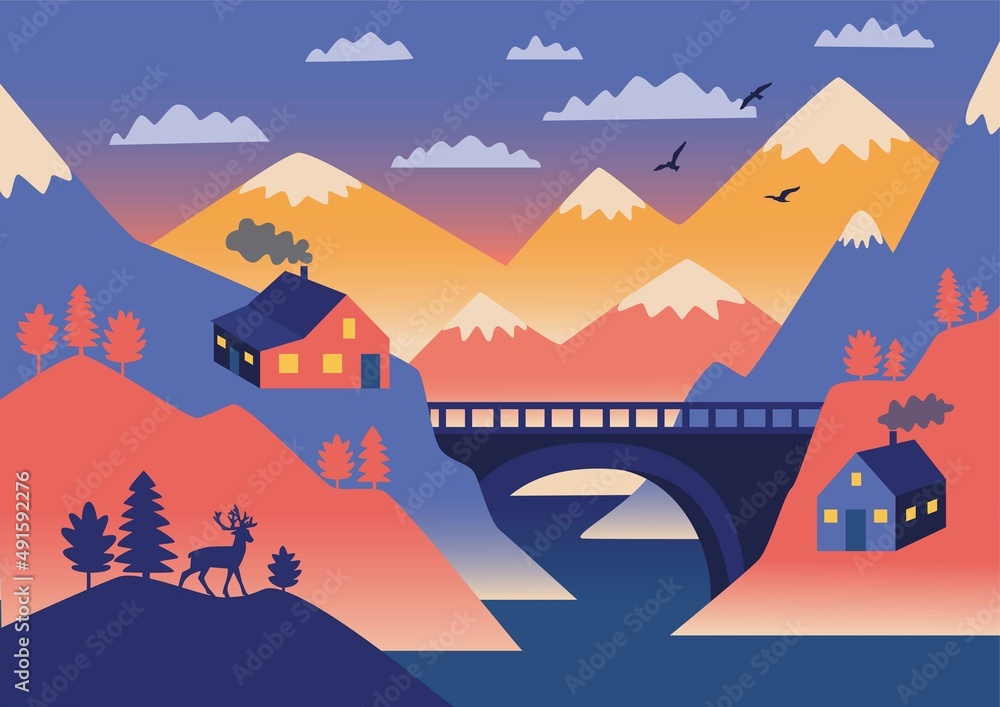 Fototapeta premium Country houses with the bridge on the river and mountains with snow peacks. Vector landscape with silhouettes of hills, trees, birds and deer with sunrise or sunset sky and clouds.