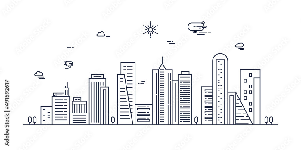 Obraz premium Cityscape. Modern flat line landscape vector. City landscape line art illustration with building, tower, skyscrapers. Vector illustration.