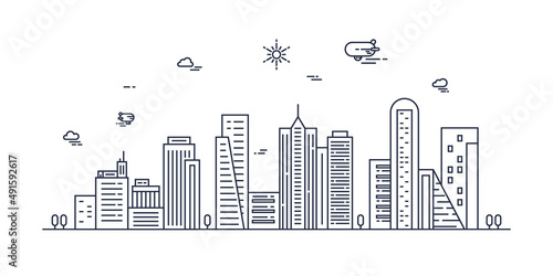 Cityscape. Modern flat line landscape vector. City landscape line art illustration with building, tower, skyscrapers. Vector illustration.