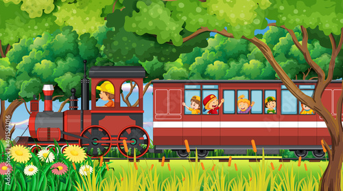 A kids in a train with natural scene