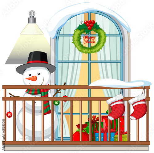 Christmas balcony with snowman and presents
