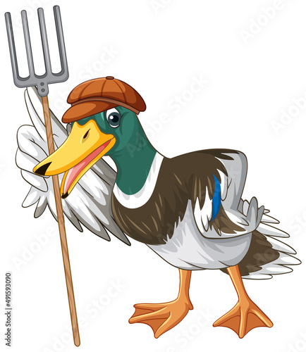 Little duck with pitchfork on white ground