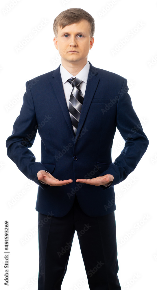 Portrait of a man in a blue business suit with a tie. Serious businessman raised his hands forward. place for an inscription. isolated. White background.