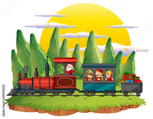 A kids in a train with natural scene