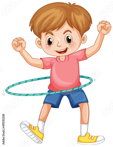 A boy playing hulahoop on white background
