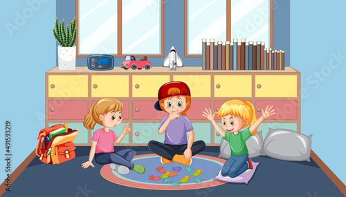 Happy children playing jigsaw on kid room