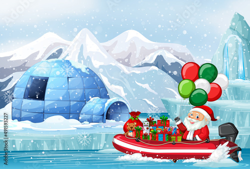 Snowy day with Santa Claus delivering gifts by motorboat