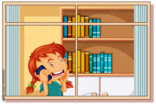 View through the window of a girl cartoon character