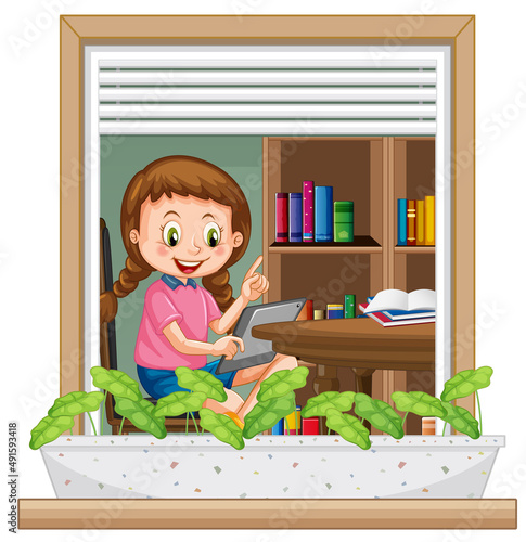 View through the window of a girl cartoon character