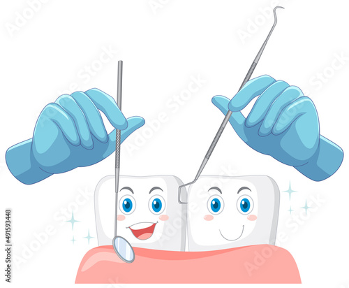 Dentist hand with human teeth model