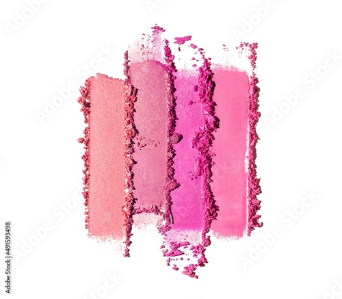 Eye shadow or blush glitter shimmer or matte pink multi colored texture background white isolated