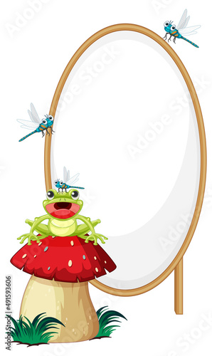 Blank wooden signboard with frog in cartoon style
