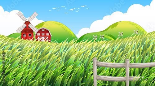 Farm scene with windmill and barn