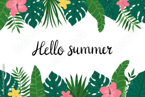 The handwritten phrase Hello summer. Exotic tropical frame with leaves of monstera and palm, hyacinth flower. Vector hand-drawn illustration