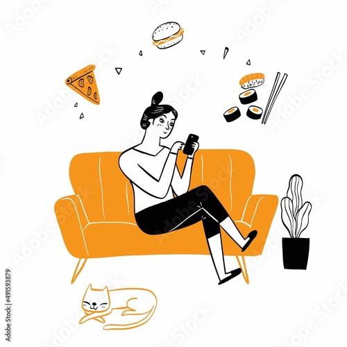 Woman ordering food online from home in living room.